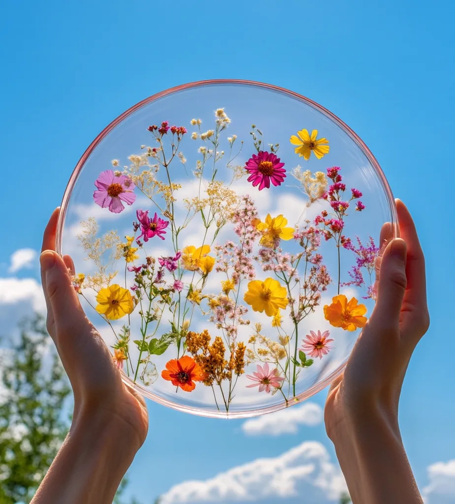 A hand holds a clear circular tray filled with pressed flowers. The tray is held against a bright blue sky with fluffy white clouds. The flowers are mostly yellow and pink, with some white and red accents, arranged in a seemingly random but aesthetically pleasing way. The image captures a sense of summery joy and the beauty of nature.
