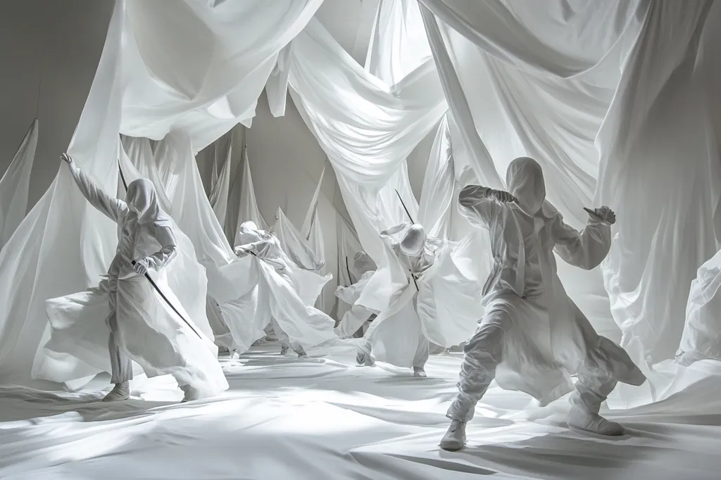 A group of figures, fully covered in white fabric, stand amidst a swirling sea of white drapery. The figures appear to be engaged in a theatrical fight, their poses dynamic and expressive. The stark white background and fabric create a sense of otherworldliness and mystery. The scene is a study in contrasts: the rigid form of the figures against the flowing fabric, and the sense of action in a still image.