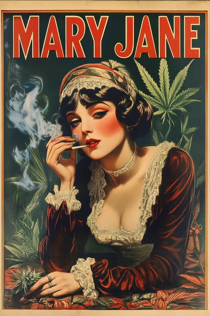 A vintage poster depicting a woman dressed in a red and white dress, smoking a cigarette. The poster is titled "Mary Jane" and features a marijuana leaf in the background. The woman's expression is alluring and the poster is evocative of a time when smoking was considered glamorous. The overall effect is both seductive and slightly unsettling.