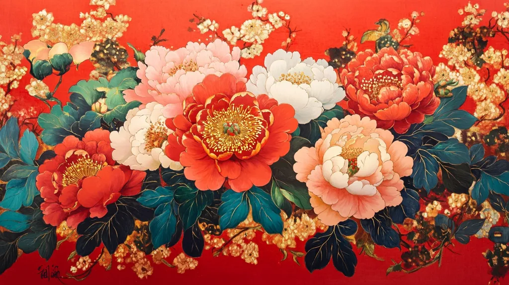 A vibrant painting depicts a blooming bouquet of peonies against a bright red background. The flowers, painted in shades of white, pink, and red, are surrounded by lush green leaves accented with gold. Delicate white blossoms with gold centers scatter around the bouquet, adding to the intricate detail of the artwork. The overall impression is one of opulence and beauty.