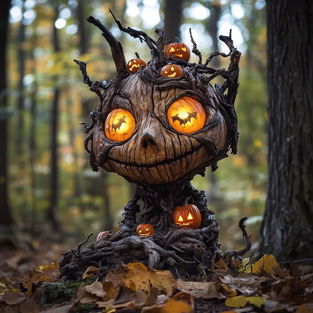 A whimsical, tree-like figure stands in a forest, carved from wood and adorned with glowing jack-o-lanterns. Its large, expressive eyes are lit from within, creating a friendly and slightly spooky ambiance. The figure is surrounded by fallen leaves, adding to the autumnal atmosphere.  The scene evokes a sense of playful magic and the spirit of Halloween.