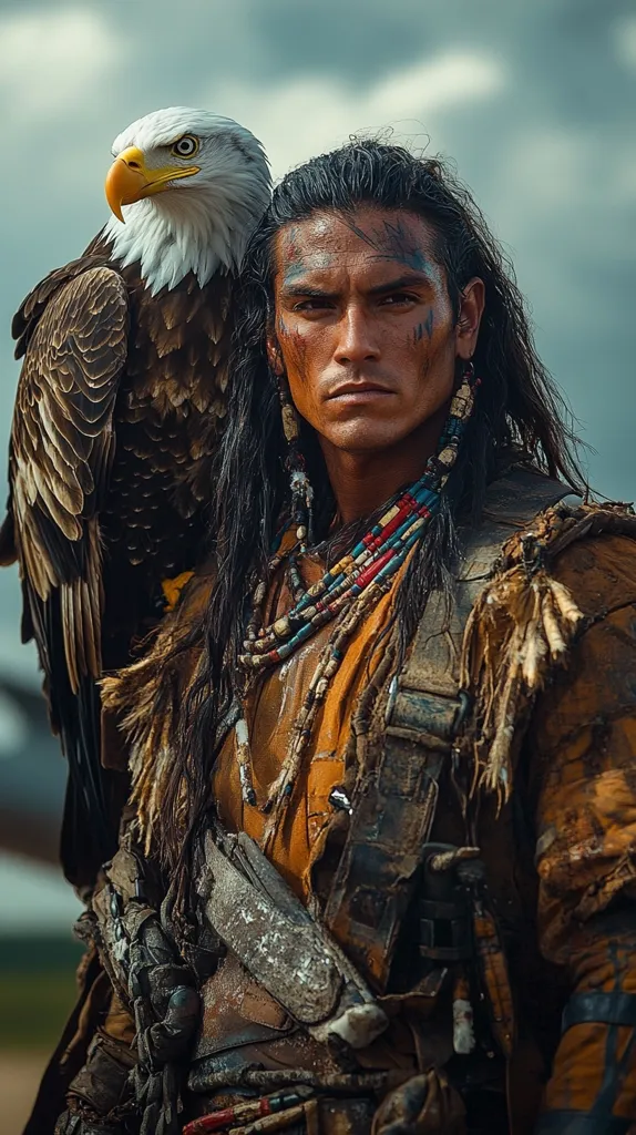 A Native American man with long black hair and traditional tribal clothing is shown standing with a bald eagle perched on his shoulder. The man is wearing a leather vest with a beaded necklace, and the eagle has its wings spread wide. The man is looking intently at the camera, and the background is a blurry landscape. The image evokes a sense of strength, pride, and connection to nature.