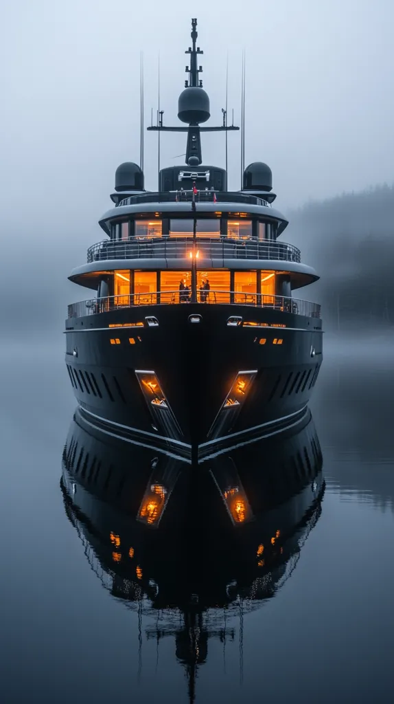 A large, black yacht is anchored in a calm body of water. Its sleek, modern design is highlighted by a single light on the top of its mast. The yacht is reflected perfectly in the water, creating a symmetrical image. The background is hazy, giving the impression of a foggy morning. The yacht appears to be alone in the water, creating a sense of solitude.