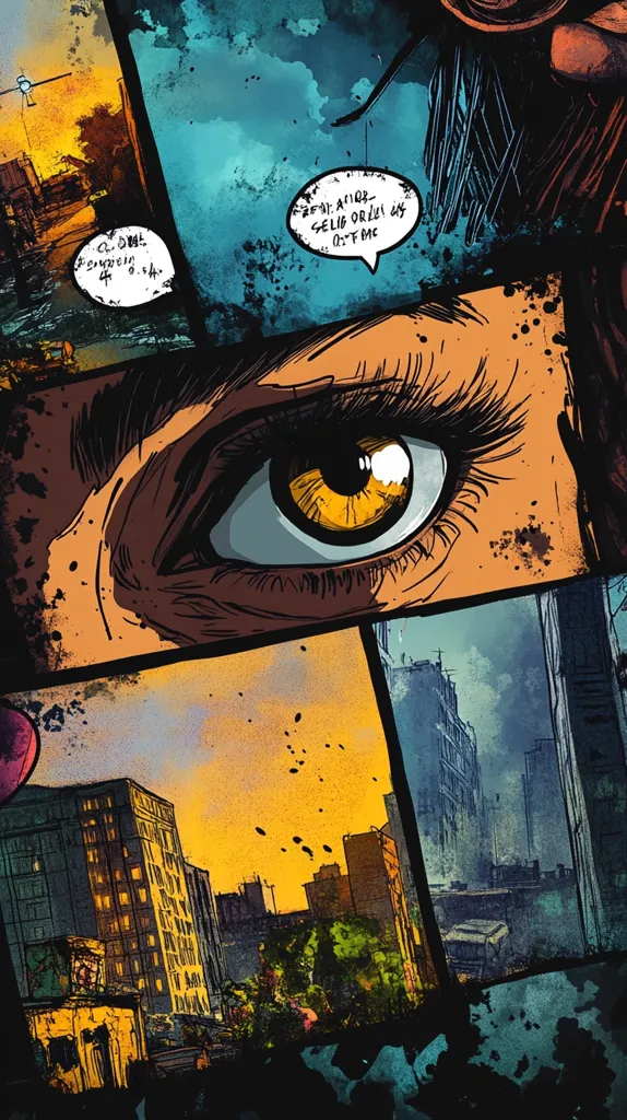 The image is a comic book panel showing a close-up of a woman's eye, with a city skyline in the background. The woman's eye is large and detailed, with a bright yellow iris. The city skyline is rendered in a dark, gritty style, with tall buildings and a dark sky. The image is filled with textured lines and splatters of paint, giving it a rough and unfinished look. The speech bubble in the top right corner reads "WHY ARE YOU SELIB ORLIZ BY O-TIME?" suggesting the woman is in a moment of intense thought or action. The image captures a sense of mystery and suspense.