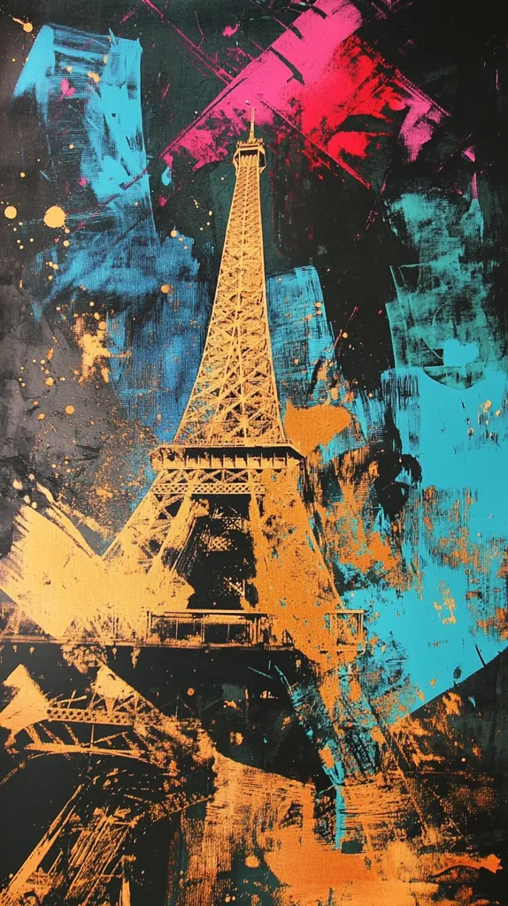 The image is an abstract painting depicting the Eiffel Tower. The tower is rendered in a bold, gold color, while the background is a vibrant mix of teal, pink, and orange. The bold colors and abstract style create a dynamic and energetic visual.