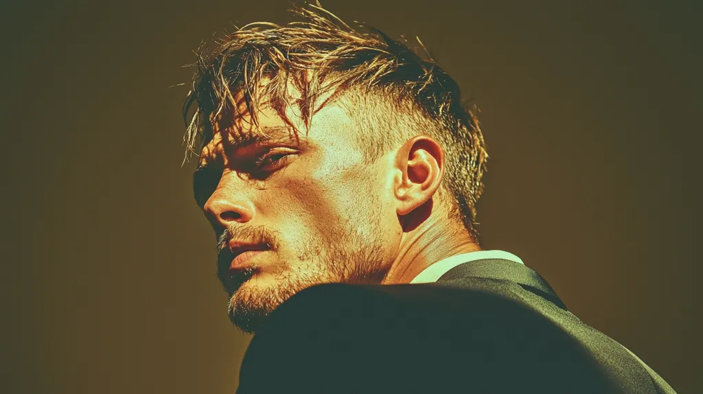 A man with tousled blond hair and a neatly trimmed beard looks away from the camera. He is wearing a dark suit jacket and a white shirt. The image is in a warm, almost sepia tone. The lighting is soft, highlighting his features. He appears to be looking thoughtfully or perhaps even pensively.