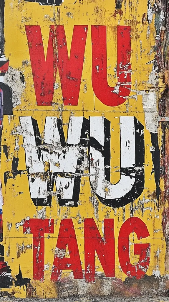 The image shows a weathered and worn-out advertisement painted on a yellow wall. The words "WU TANG" are written in large, bold red and white letters, with "WU" being stacked on top of "TANG". The paint is chipped and faded, giving the piece a gritty and urban aesthetic. The background is covered in patches of faded paint and dirt, adding to the overall sense of decay.