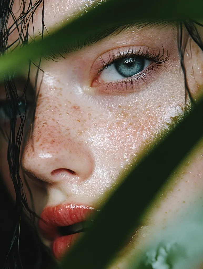 A close-up shot of a woman's face partially obscured by a large green leaf. The woman has a youthful, freckled complexion, and her blue eye looks directly at the viewer. Her dark hair is wet and parted down the middle.  The image is soft and ethereal, with a focus on the woman's delicate features.  The lighting is soft and natural, highlighting the beauty of the woman's skin.  The green leaf adds a touch of mystery and intrigue to the image, creating a sense of natural intimacy.