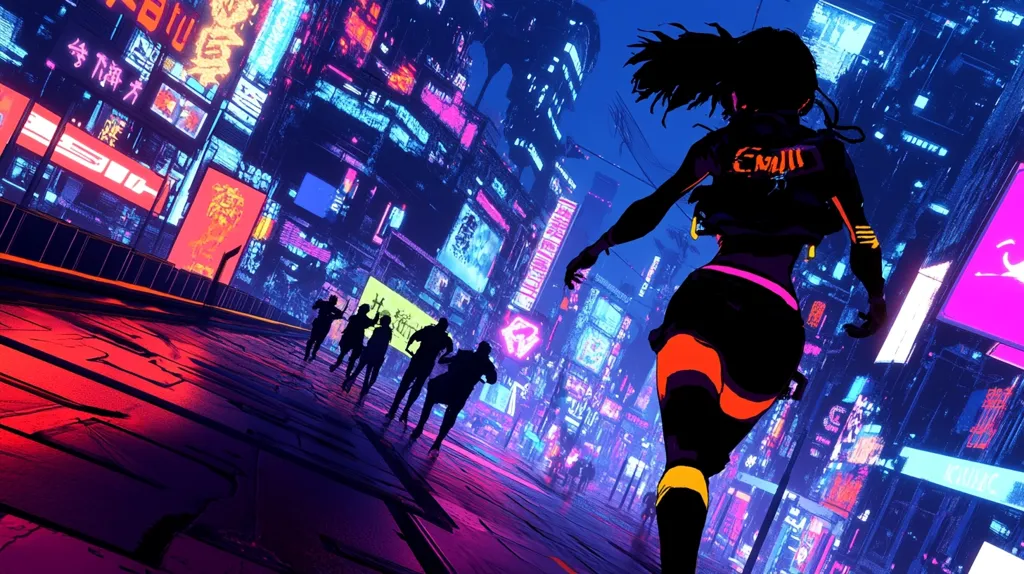 A woman in a futuristic cyberpunk city runs through a neon-lit alleyway. The woman wears a black and orange outfit and is silhouetted against the bright lights. She is running towards the viewer, with a crowd of people in the background. The city is filled with neon signs, glowing lights, and towering buildings.  The image has a gritty, futuristic aesthetic.  The composition creates a sense of speed and motion.
