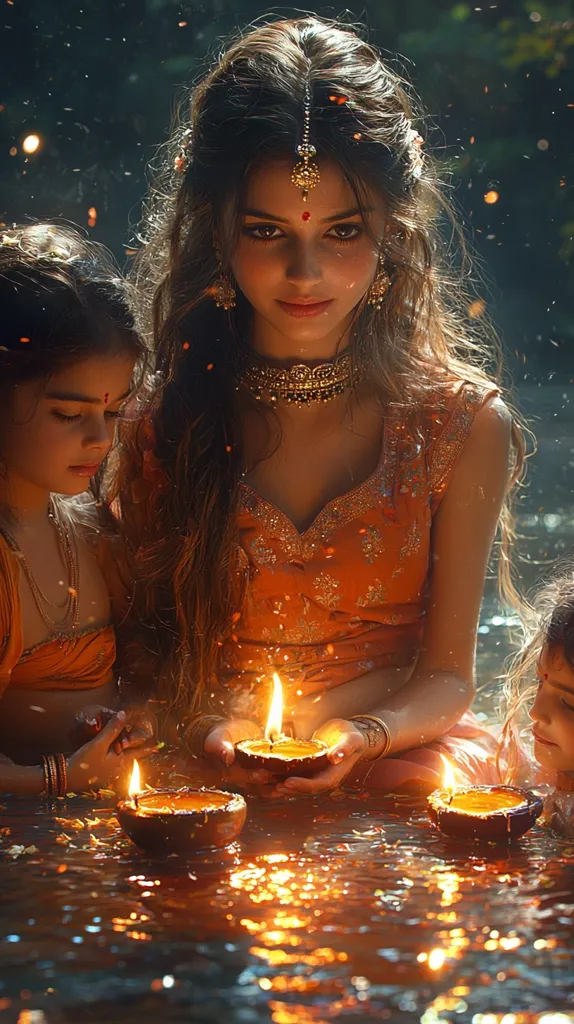 A woman with long dark hair, adorned with jewelry, sits in a stream, her hands cupped around a lit oil lamp. Her expression is serene and she is surrounded by the glow of the flames. She is joined by two other women, one in the foreground, looking at the light, and one in the background, gazing off to the side. The water reflects the warm light and sparkles with golden reflections.  The scene is one of peaceful contemplation and reverence.