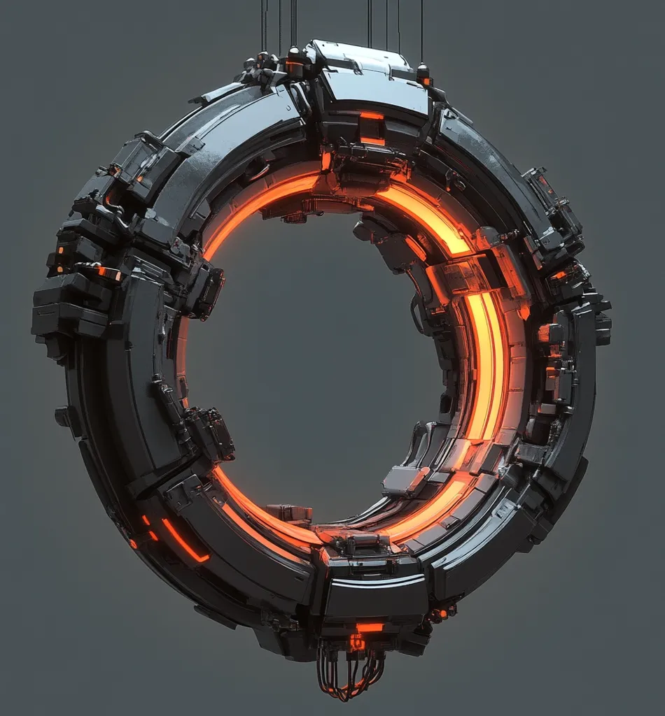 A futuristic, metallic ring with a bright orange glow. It appears to be constructed of many layered segments, each with intricate details. The ring has a hollow center, suggesting a passage or portal. The overall design is sleek and technological, hinting at advanced science fiction.