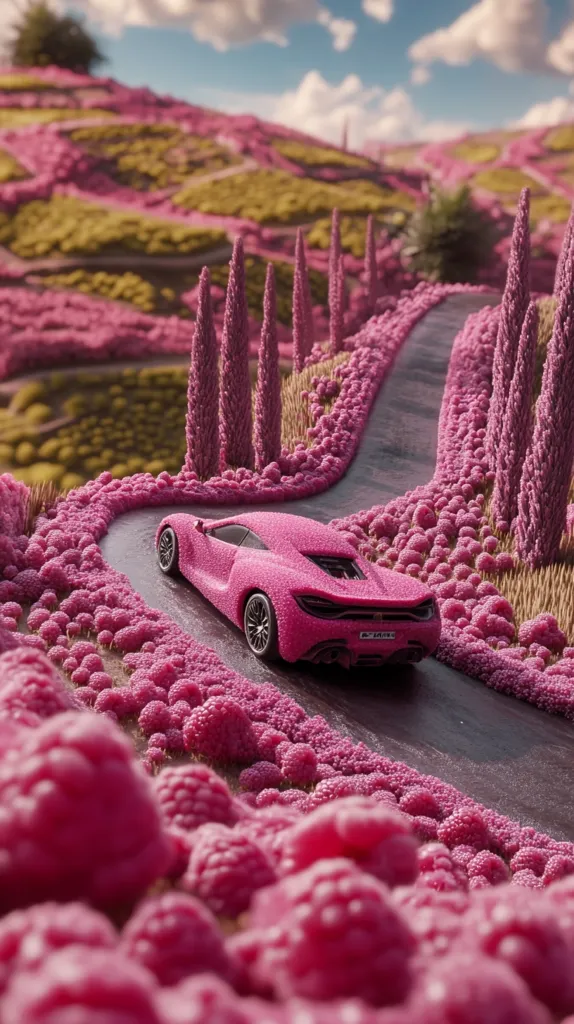 A pink sports car drives down a winding road surrounded by pink flowers and trees. The road is lined with tall, slender trees that have pink blossoms. The car is a bright pink, and the flowers are a pale pink, creating a beautiful contrast of color. The scene is surreal and dreamlike, with a sense of tranquility and peace. The soft, pastel colors and the delicate details of the flowers create a sense of magic.  The image evokes a feeling of wonder and enchantment.