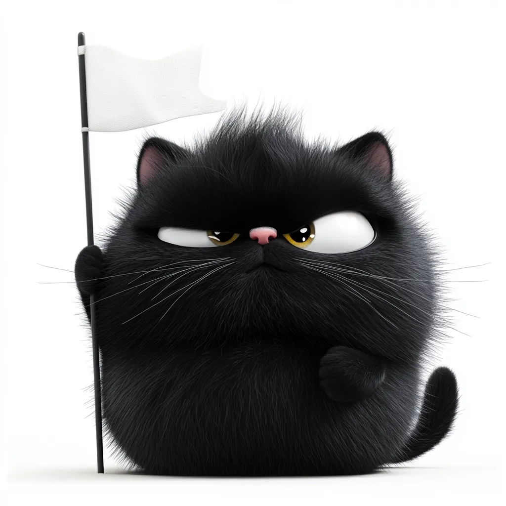 A fluffy black cat with a serious expression holds a white flag on a stick. The cat's eyes are wide open, and its fur is very detailed. The background is a white, plain surface.  The cat looks like it's ready to stand its ground and might be ready to fight.