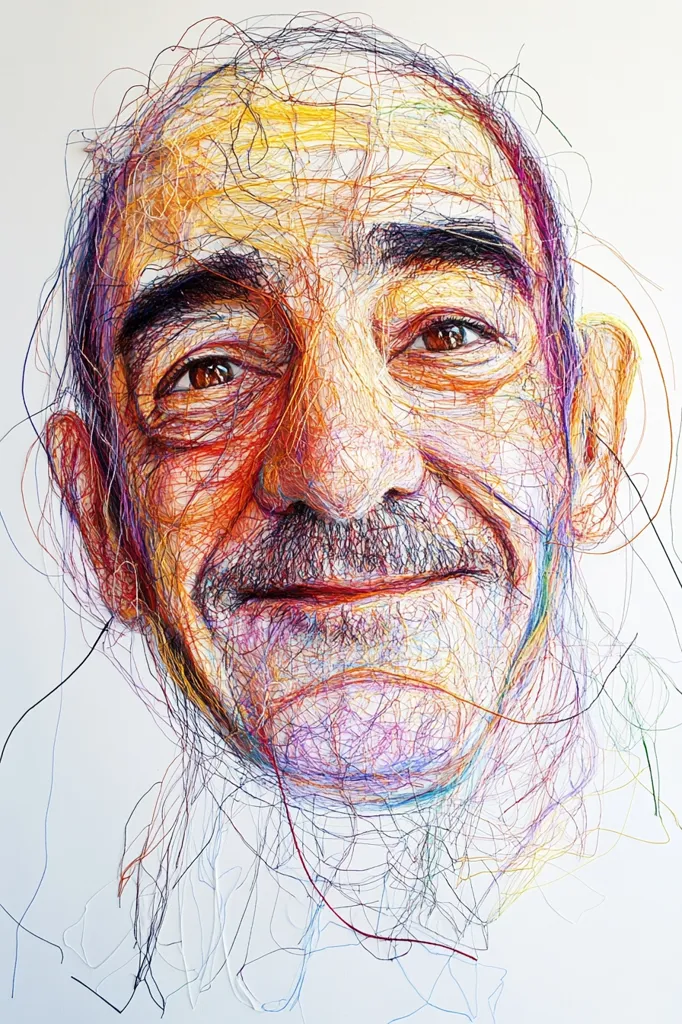 The image is a portrait of a man, crafted using a multitude of colorful threads. The artist has meticulously woven together strands of different hues, creating a unique and detailed representation of the man's face. The threads form intricate patterns that capture the texture of his skin, the depth of his wrinkles, and the warmth of his smile. The background is a simple white canvas, providing a stark contrast to the vibrant tapestry of the man's face. The image is both visually striking and conceptually fascinating, showcasing the power of thread as a medium for artistic expression.
