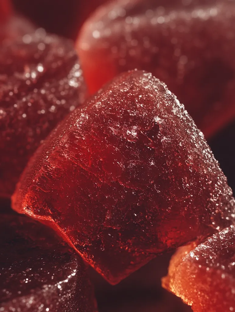 The image shows a close-up of several red, translucent, ice cubes. The light shines through the ice, highlighting its irregular shape and creating a textured surface. The ice appears wet and shiny, with a slight blur in the background, emphasizing the focus on the foreground.