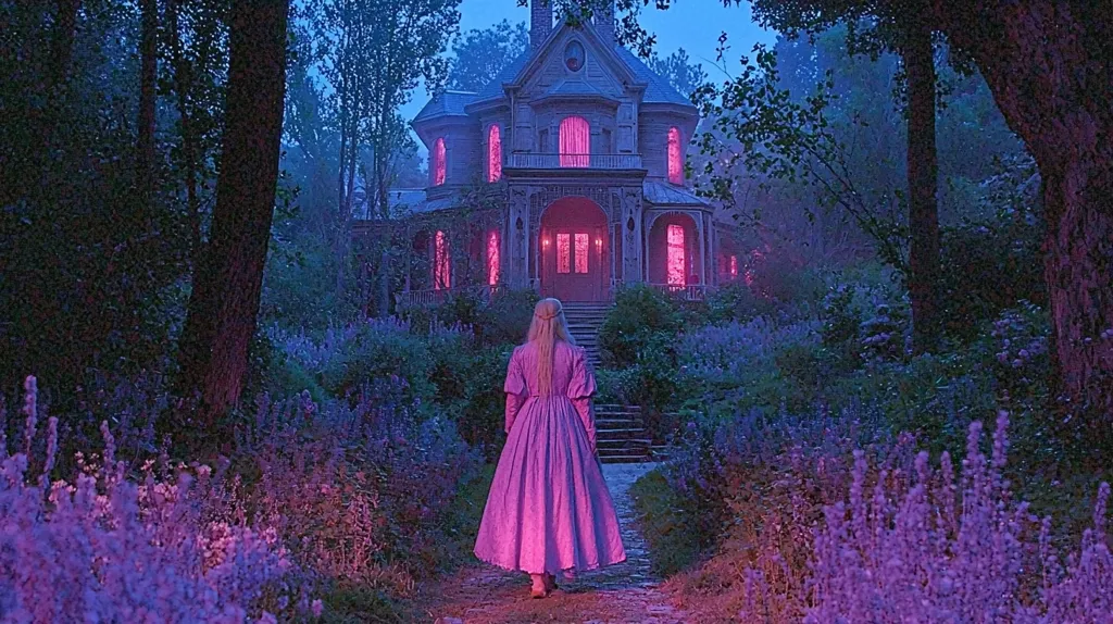 A woman in a long pink dress walks towards a large, foreboding Victorian house in the woods. The windows of the house glow with an eerie pink light, and the surrounding woods are bathed in a hazy, purple light. The scene is reminiscent of a fairy tale, with an air of mystery and magic.