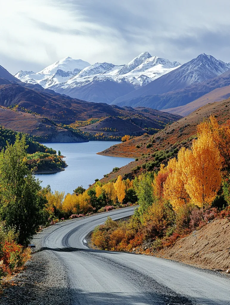 A winding gravel road snakes its way through a valley, surrounded by vibrant autumn foliage. The road leads towards a shimmering lake, nestled amidst snow-capped mountains in the distance. The landscape is a picturesque blend of earthy browns, fiery reds, and bright yellows, creating a breathtaking autumn scene.