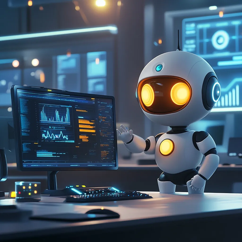 A white, humanoid robot with orange eyes stands on a desk in a dimly lit room.  It gestures towards a computer monitor displaying a blue and orange graph. The robot has a friendly, almost childlike appearance and its presence suggests a futuristic, tech-driven environment. The overall scene feels sleek and modern.