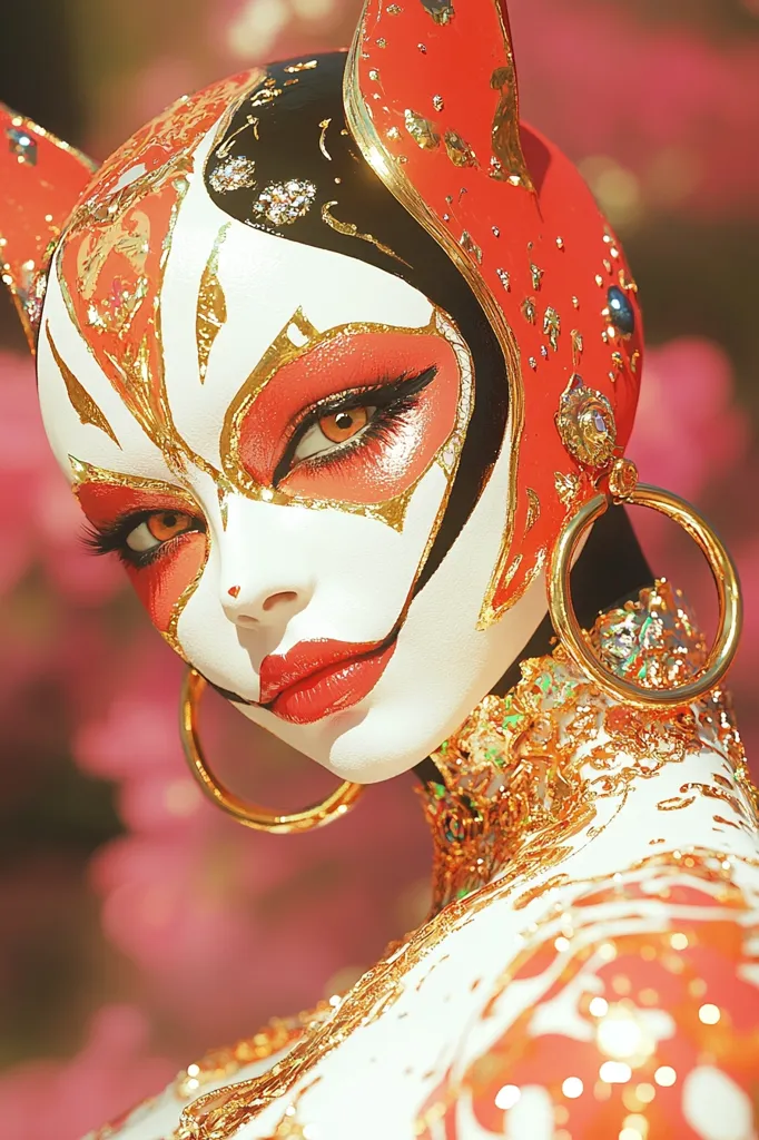 A woman with striking red and gold makeup looks intensely at the viewer. Her face is adorned with intricate patterns, and she wears a large red and gold headdress with an ornate jewel. The image is shot against a blurred background of soft pink and gold tones.