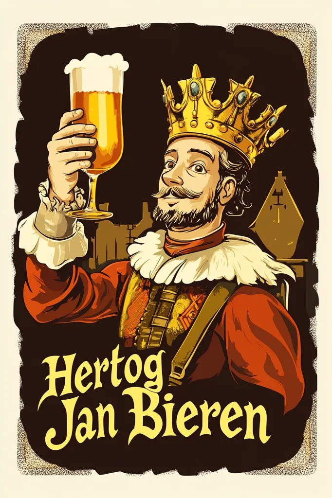A king wearing a gold crown, dressed in a red and white robe, raises a glass of beer in a toast. The background is dark, featuring an ornate, gold-trimmed castle. The title, "Hertog Jan Bieren," is written in large, yellow letters in a medieval font. The image is a humorous and stylized depiction of a beer advertisement.