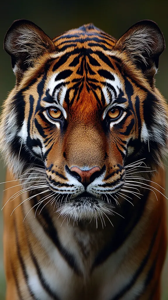 The image shows a close-up portrait of a tiger. The tiger's face is in focus, with its sharp eyes and powerful features clearly visible. The image captures the animal's wild beauty and intensity, highlighting its striped fur and long whiskers. The background is blurred, creating a sense of depth and focus on the tiger. The image evokes a sense of power, majesty, and danger.