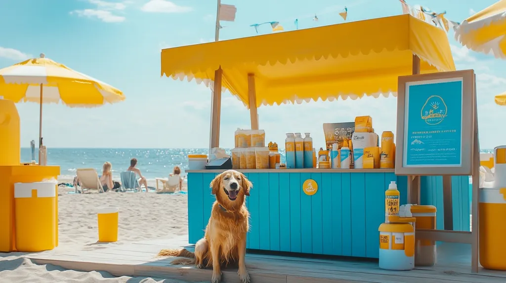 A golden retriever sits in front of a yellow and blue beach stand. The stand is stocked with various items, including bottles of sunscreen and other beach essentials. In the background, a yellow umbrella sits on the white sandy beach.  The ocean can be seen in the distance.