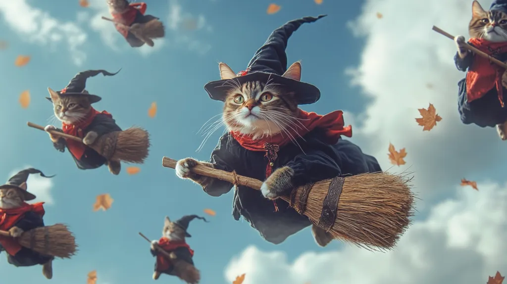 The image shows a group of cats dressed as witches flying on broomsticks against a cloudy sky. The central cat is in focus, with its face looking directly at the viewer. The other cats are blurred, creating a sense of movement and magic. The background features falling leaves, adding to the autumnal atmosphere. The image is whimsical and playful, suggesting a Halloween theme.