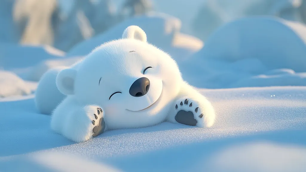 A cartoon polar bear lies on its belly in a snowy landscape. Its eyes are closed and its mouth is curled into a smile, suggesting a happy and peaceful state. Its white fur blends seamlessly with the snow, while its black nose and paw pads stand out in contrast. The image evokes feelings of tranquility and winter wonder.