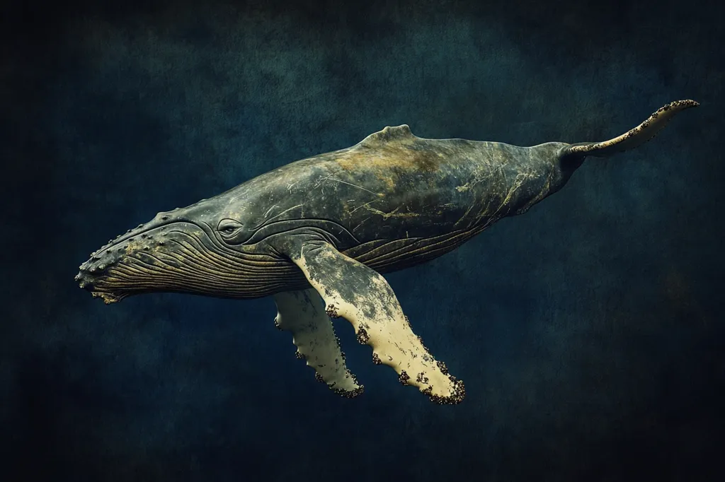 A large humpback whale swims through the water, its body a deep blue-gray with white markings. The whale's tail is slightly raised, as if it is about to dive. The background is a dark blue, giving the impression of the deep ocean. The image has a textured, artistic quality.