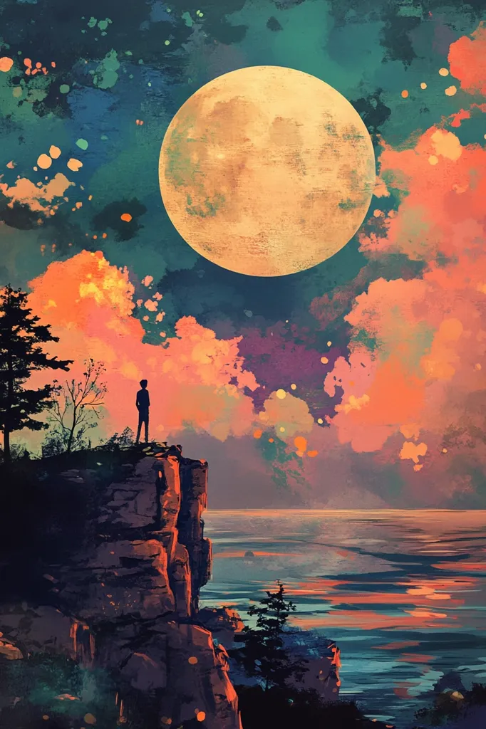 A solitary figure stands on a cliff edge, gazing out at a vast, shimmering ocean.  The sky is a vibrant tapestry of pink, orange, and blue, dotted with twinkling stars.  A large, golden moon hangs high in the sky, casting a soft glow over the scene.  The air is still, and the only sound is the gentle lapping of waves against the rocks.
