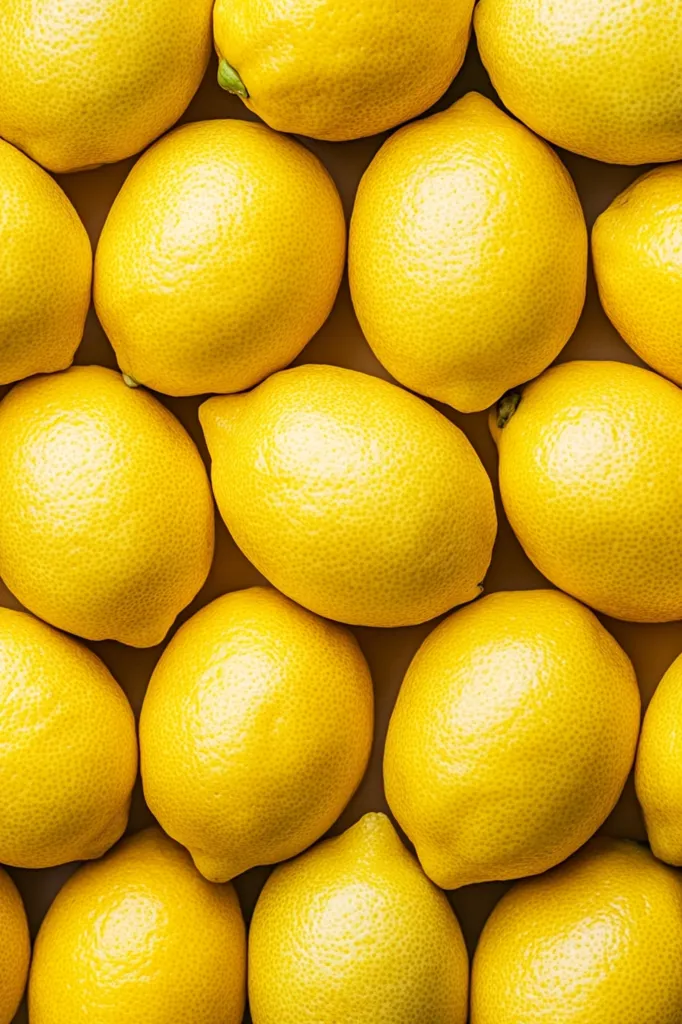 A close-up shot of a group of lemons, all brightly yellow and arranged in a slightly chaotic pattern. Some are whole, while others are cut in half, showcasing their juicy flesh. The lemons are a vibrant yellow, capturing the essence of a citrus fruit. They're all in focus, with their texture and shape clearly visible, emphasizing the natural beauty of these simple, yet essential, fruits.