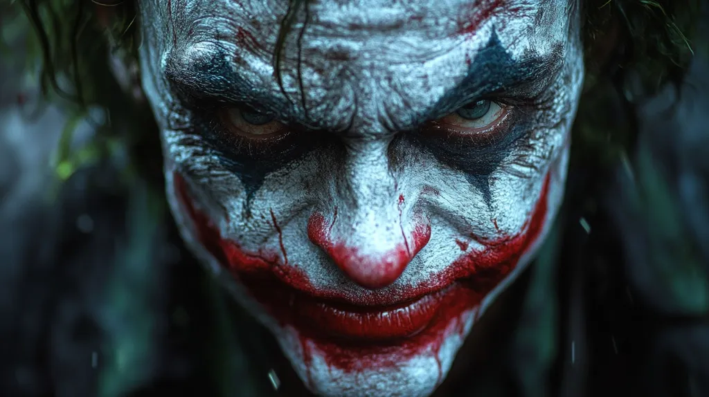 The image shows a close-up of a person's face, painted with white and red clown makeup, reminiscent of the Joker. The makeup is smeared, suggesting violence or chaos.  The eyes are intense, the mouth is twisted into a sinister smile, and the overall expression is one of madness and danger. The dark and blurry background adds to the unsettling atmosphere.  The image evokes a sense of fear and unease.