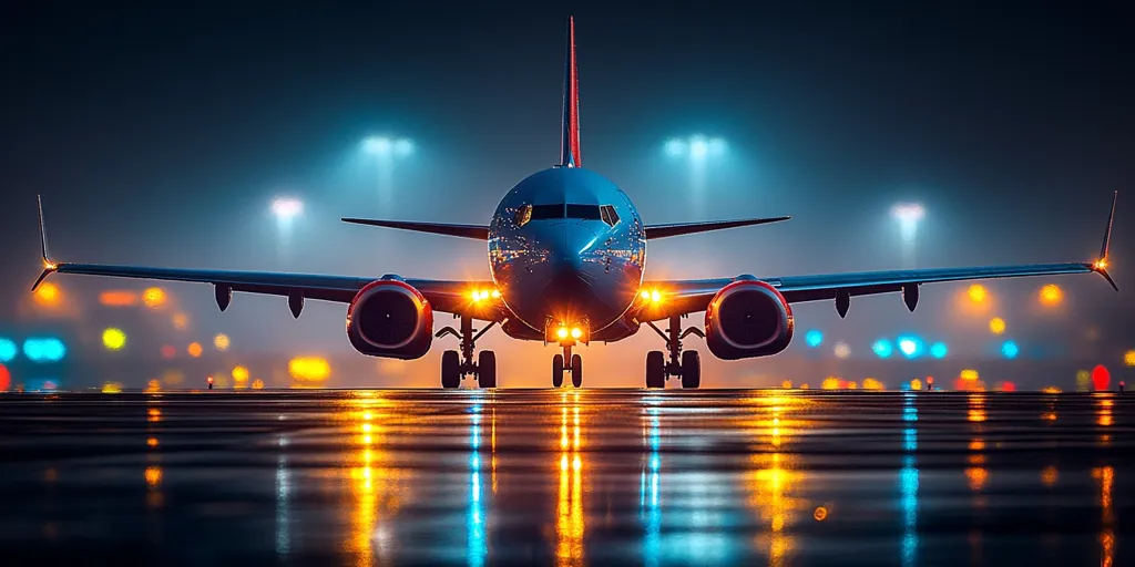 An airplane is parked on the runway at night. The airplane is lit up by the airport lights, and the runway is wet from a recent rain. The background is a blur of city lights. The image is composed of a dark blue sky with a light blue airplane in the foreground, and it is taken from a low angle.