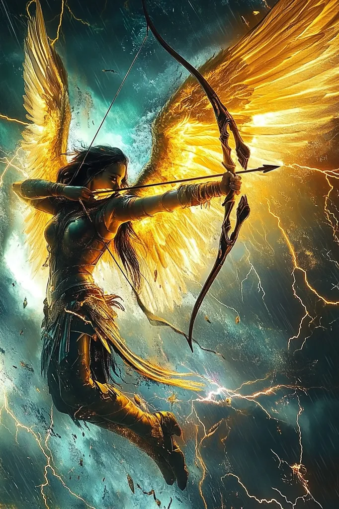 A female warrior angel with golden wings,  dressed in armor and holding a bow and arrow, flies through a stormy sky with streaks of lightning. She looks determined and ready for battle. The background is a blur of dark clouds and rain. The image has a dramatic and powerful feel.