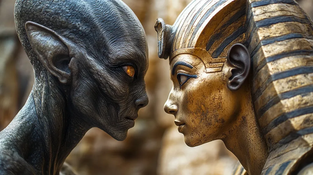 The image depicts a close-up of two figures, one with grey skin and large, pointed ears, and the other with golden skin and a striped headdress. They are facing each other, their eyes locked in a mysterious and intense gaze. The contrasting colors and textures create a striking visual effect, hinting at a story of conflict or connection between the two figures.