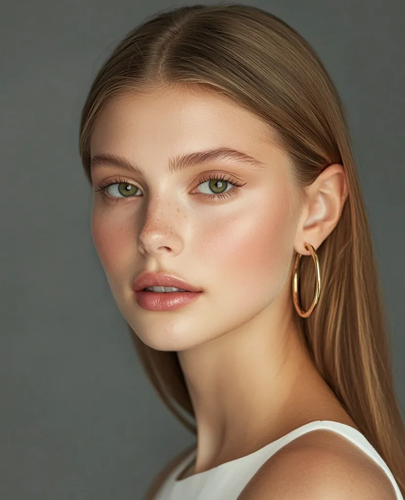A young woman with long, straight blonde hair and a neutral expression. Her skin is smooth and flawless, with a touch of blush on her cheeks. She is wearing a simple white tank top and a large gold hoop earring in one ear. She is looking slightly down and to the side, with her gaze directed just beyond the edge of the frame. The backdrop is a plain gray wall, creating a simple and elegant portrait.