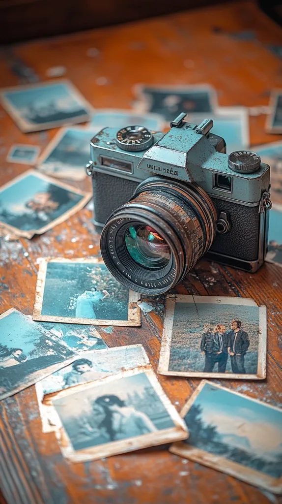 A vintage 35mm camera with a large lens sits on a wooden table surrounded by a collection of old, faded photographs. The photos depict various scenes and people, capturing memories from the past. The composition suggests a sense of nostalgia and the enduring power of photography to preserve moments in time. The worn and textured surface of the table adds to the overall aesthetic.