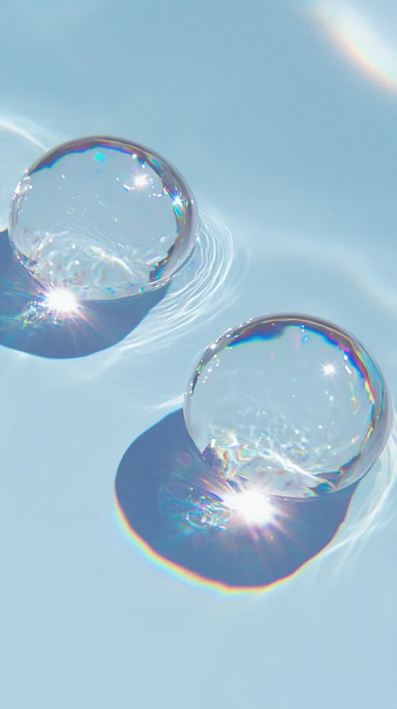 Two clear, iridescent orbs float on a blue surface, casting rainbow reflections.  The orbs are round and smooth, with subtle ripples of water around them.  The light reflects off the surface and creates a soft, dreamy atmosphere.  A sense of serenity and peacefulness emanates from the image.