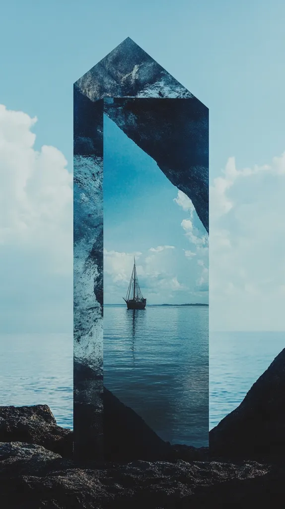 A tall, angular, dark blue structure stands on a rocky shore, framing a view of a sailboat on a calm, blue ocean. The sky above is a pale blue, dotted with white clouds. The structure's shape and texture create a sense of mystery and intrigue, while the sailboat symbolizes a journey or exploration. The image is a blend of natural and abstract elements, creating a visually captivating and thought-provoking composition.
