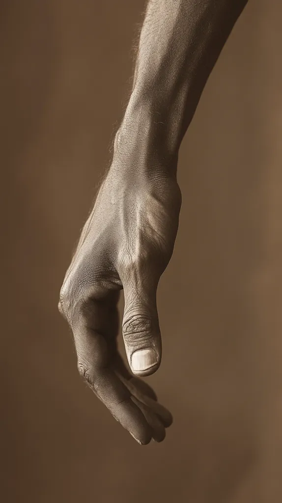 The image shows a close-up of a person's hand, with the thumb extended and the rest of the fingers curled inward. The hand is dark-skinned and the lighting is soft, giving it a subtle sepia tone. The image focuses on the texture and detail of the hand, highlighting the lines and veins. The overall effect is one of strength and grace.
