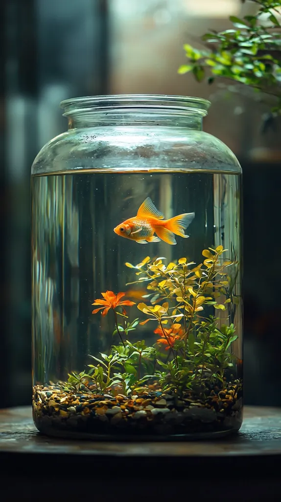 A single goldfish swims in a glass jar filled with water and small green plants. The jar rests on a wooden table, the surface of which is out of focus. The background is blurred, suggesting a natural, possibly indoor setting. Light filters through the jar, illuminating the fish and plants.  The scene evokes a sense of peace and serenity, emphasizing the simple beauty of nature.