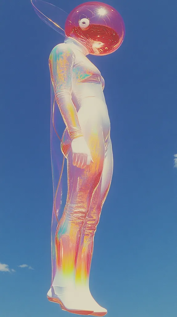 A humanoid figure with a transparent, iridescent body is wearing a large, red, bubble-like helmet. The figure has long, slender legs and is wearing tall, white boots. It is standing against a bright blue sky, and the image has a surreal, dreamlike quality.  The figure's pose is relaxed and confident, with a slight forward lean.