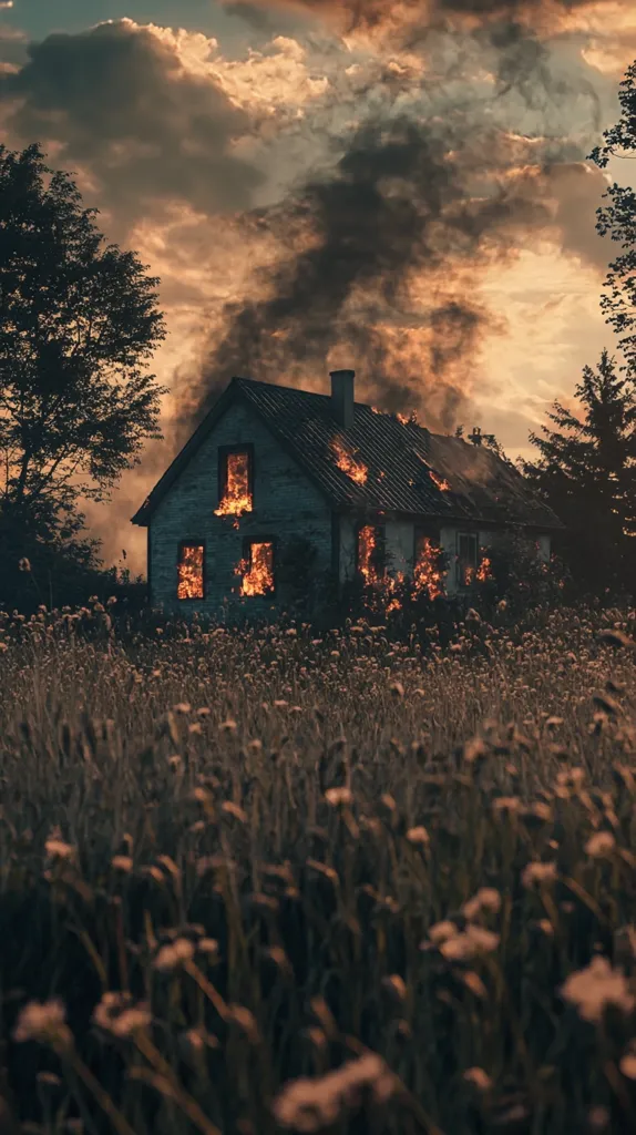 A house engulfed in flames stands amidst a field of tall grass, with smoke billowing from the roof and windows. The sky is a canvas of orange and grey clouds, creating a dramatic and ominous atmosphere. The scene evokes a sense of destruction and loss, leaving a lingering question about the cause of the fire.