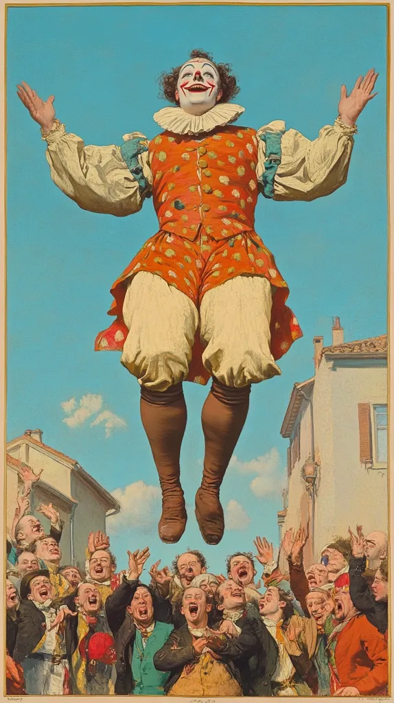 A clown with white makeup and a red and white costume is suspended in mid-air, arms outstretched. He is laughing widely. Below, a crowd of people with their hands in the air look up at the clown, also laughing. They are dressed in 18th century clothing. There are buildings in the background. The scene is bright and humorous.