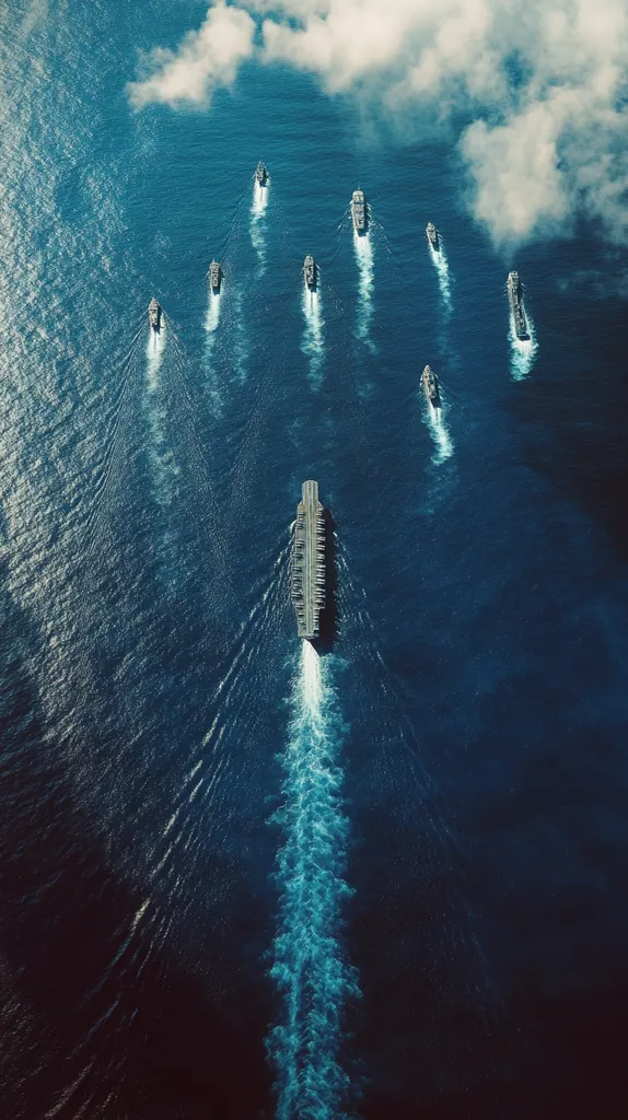 A large aircraft carrier leads a line of smaller ships, all moving through a deep blue ocean, leaving trails of foamy wakes in their path.  A few clouds hang in the sky above. The ships are moving in a V-shaped formation, and the sun is shining brightly.