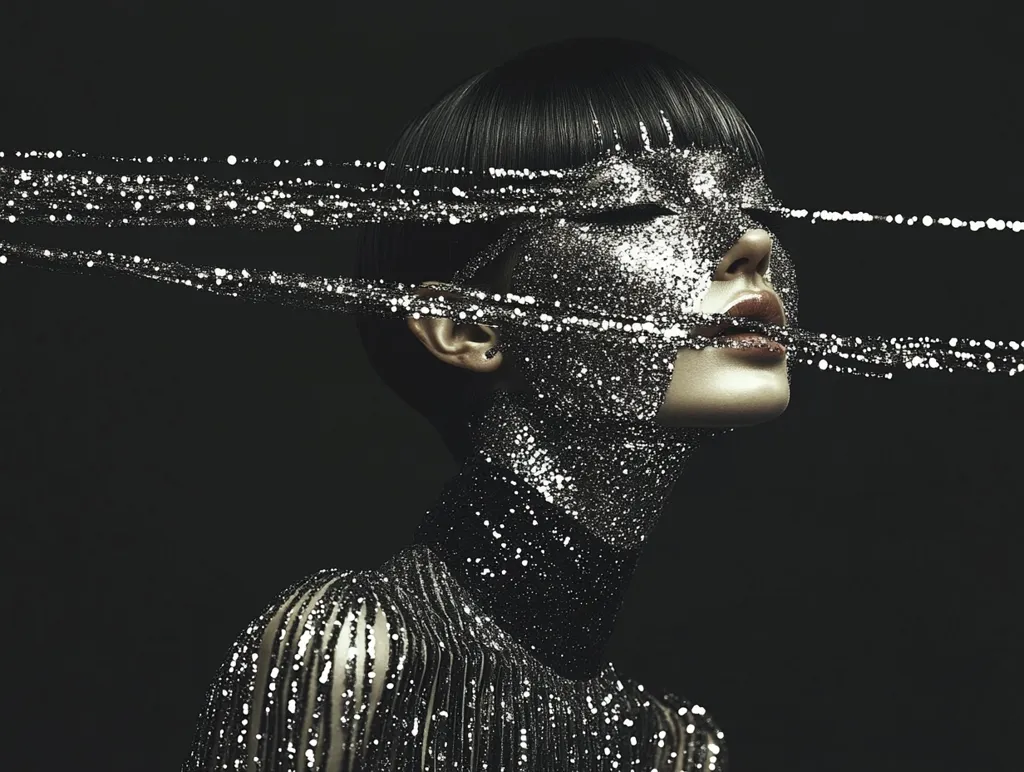 A woman with short black hair and a silver glitter face looks upward with her eyes closed. She is wearing a silver glitter outfit. Her head is tilted upwards, and she is framed against a dark background. Strands of glitter hang over her face. The image is darkly lit and emphasizes the woman’s sparkle.