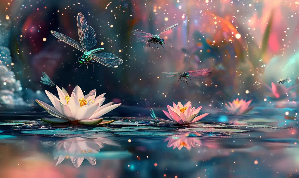A serene pond with glistening water is adorned with pink water lilies and dragonflies. The air is filled with a magical glow, creating a dreamy and ethereal atmosphere. The image evokes a sense of tranquility and beauty, capturing a moment of peace in nature.