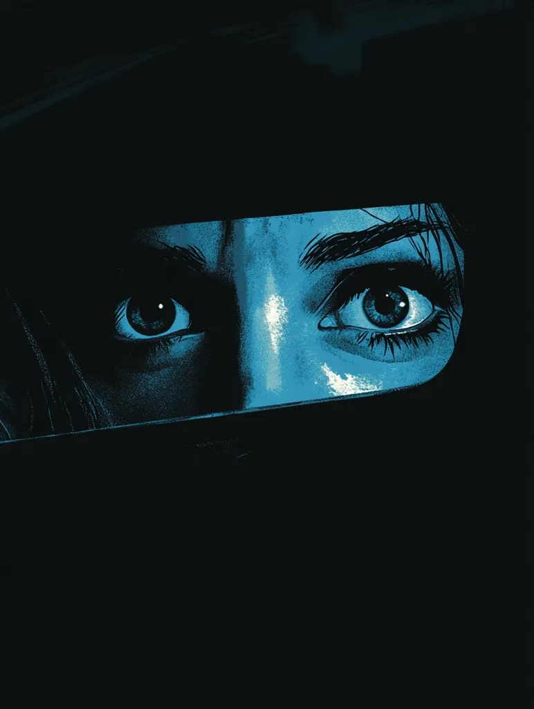 The image is a close-up shot of a woman's face, with her eyes wide open and her expression one of fear or surprise. The background is dark, and the woman's face is illuminated by a soft blue light, which highlights the intensity of her gaze. The overall tone of the image is one of suspense and intrigue, suggesting that something is about to happen.