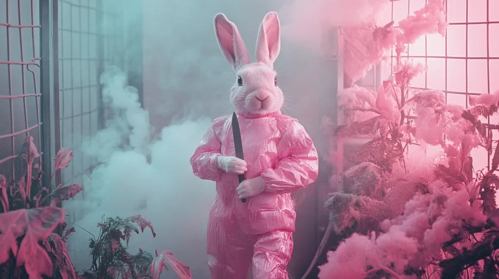 A white rabbit in a pink jumpsuit holds a knife. The rabbit is standing in a hazy pink and blue room with plants and smoke in the background. The image is reminiscent of a horror movie scene.  The surreal and unsettling scene creates a sense of danger and suspense.