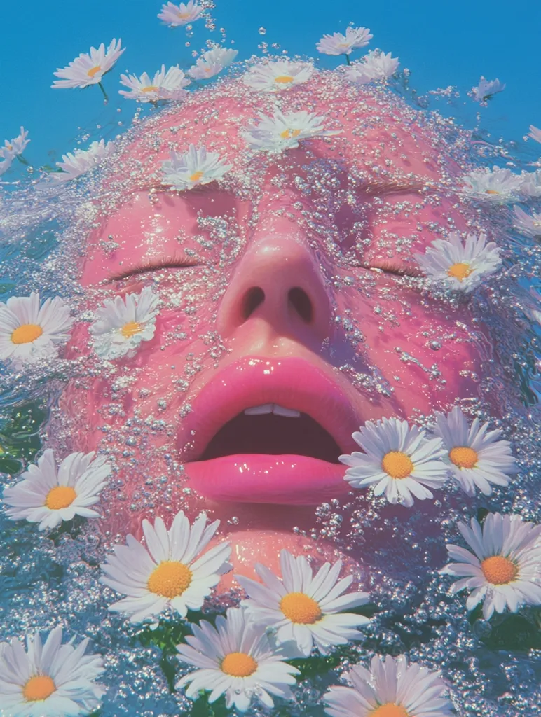 A close-up shot of a person's face submerged in water with bright pink lips. The face is surrounded by white daisies and small, shimmering bubbles. The background is a soft blue. The image has a dreamy, ethereal quality.
